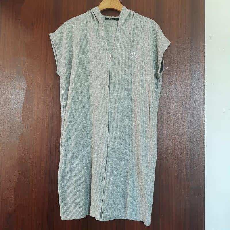 外贸尾货 女士纯色短袖连帽拉链口袋蝙蝠衫华夫格家居服睡裙HY538