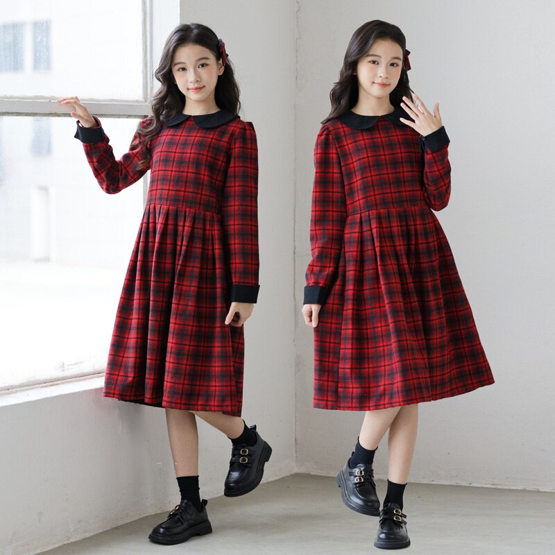 女童冬装格纹磨毛百褶连衣裙