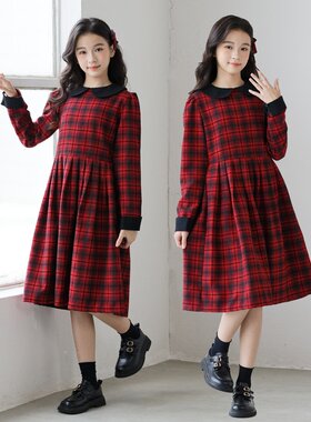 女童冬装格纹磨毛百褶连衣裙