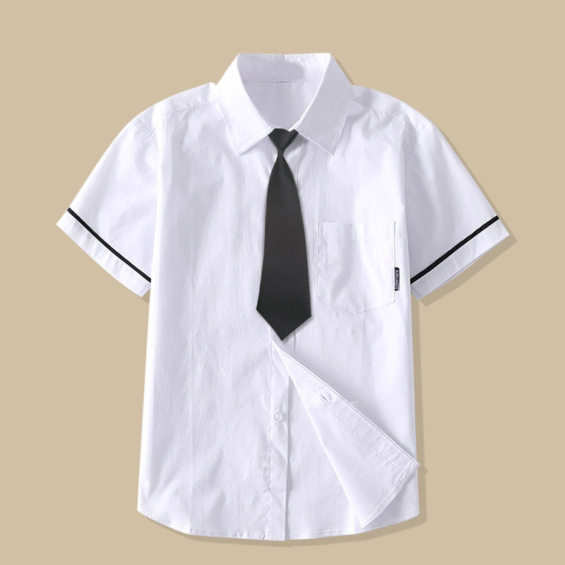 夏季男童薄款短袖衬衫小学生校服寸袖口蓝条中大儿童纯棉白色衬衣