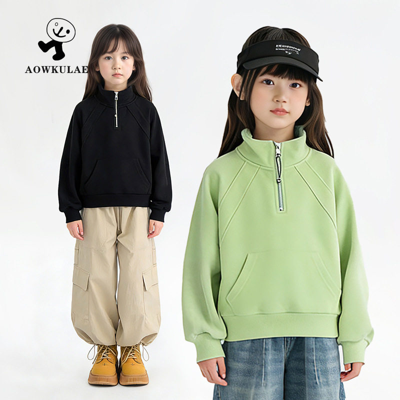 女孩子春秋韩版时尚立领长袖半拉链套头卫衣儿童大童纯色运动上衣