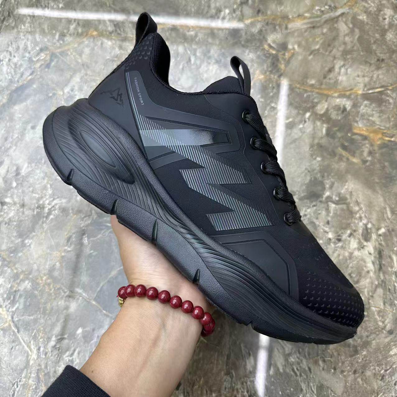 男鞋轻便舒适厚底休闲鞋低帮系带跑步运动鞋百搭黑色透气布面男款