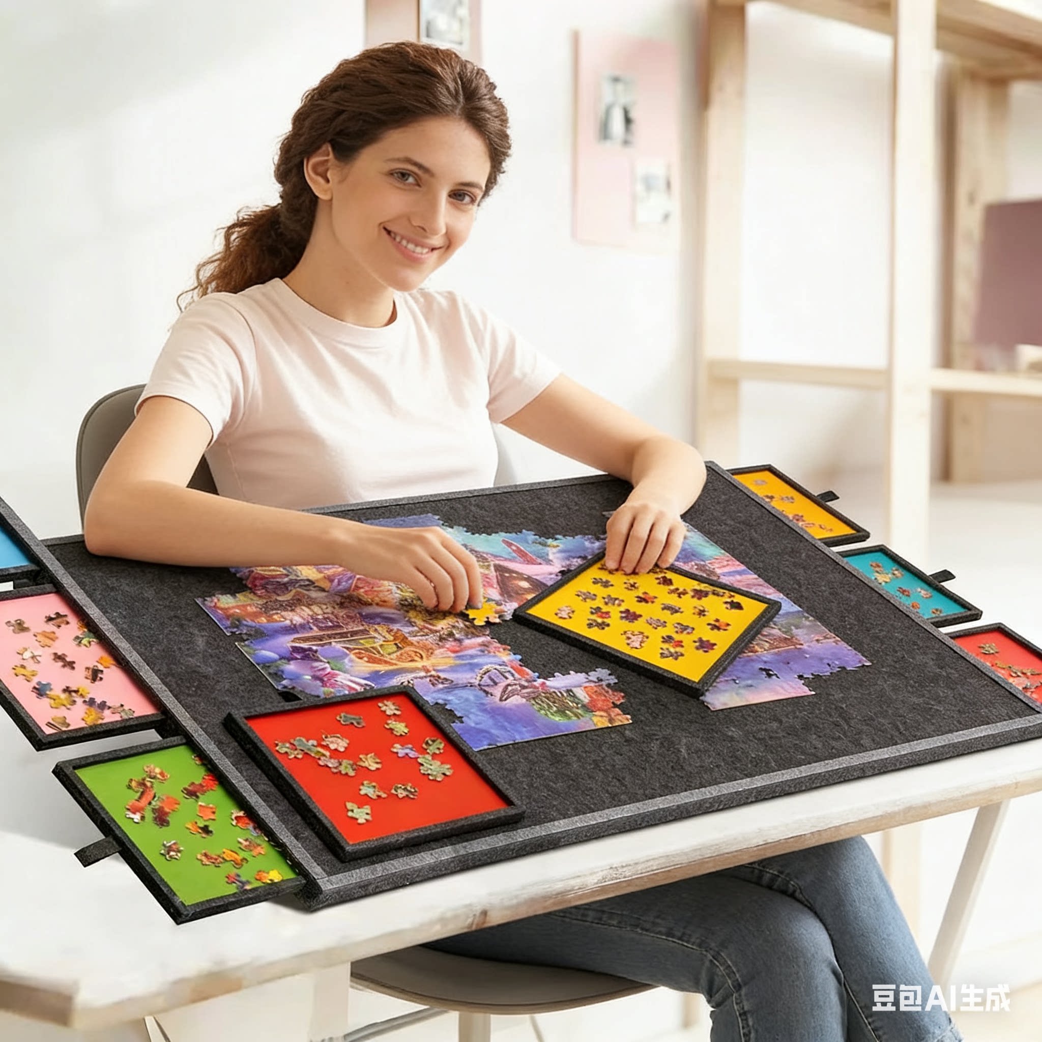 拼图桌工作台可折叠带支架6抽屉便携成人拼图垫1000片毛毡板拼板