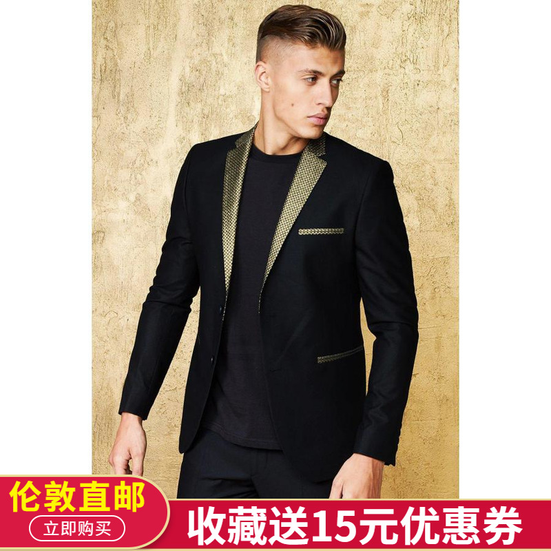 R美女当家英国直邮黑色青年休闲金色领拼接吸睛绅士型男西装上衣