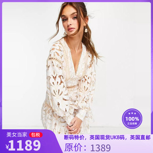 R美女当家英国代购 新款 白色蕾丝镂空V领长袖 气质女连衣裙 2022夏季