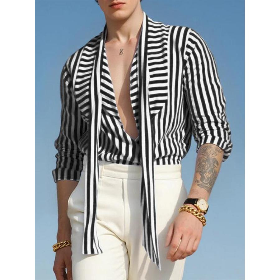 赞美女当家英国代购2025新款时尚条纹领结松弛感休闲男士长袖衬衣