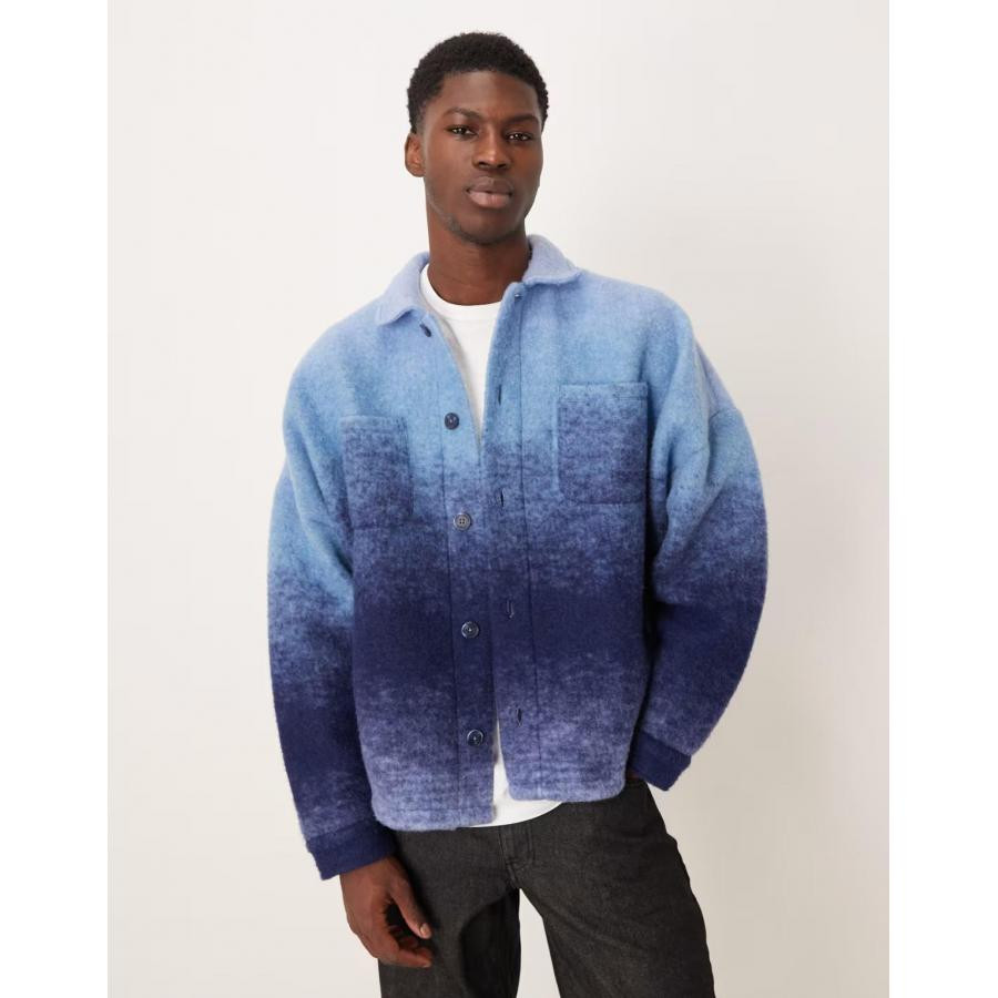 美女当家英国代购2025年秋新款蓝色渐变翻领长袖街头潮流男装衬衫