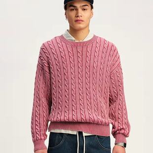 美女当家英国代购2026年新款葡萄酒红缆绳针织图案潮范帅男装毛衣