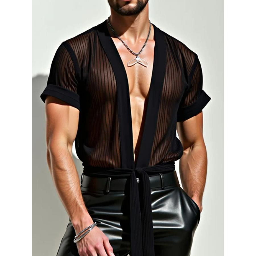 赞美女当家英国代购2025夏季时尚透视吸睛深V无扣系带男短袖衬衣