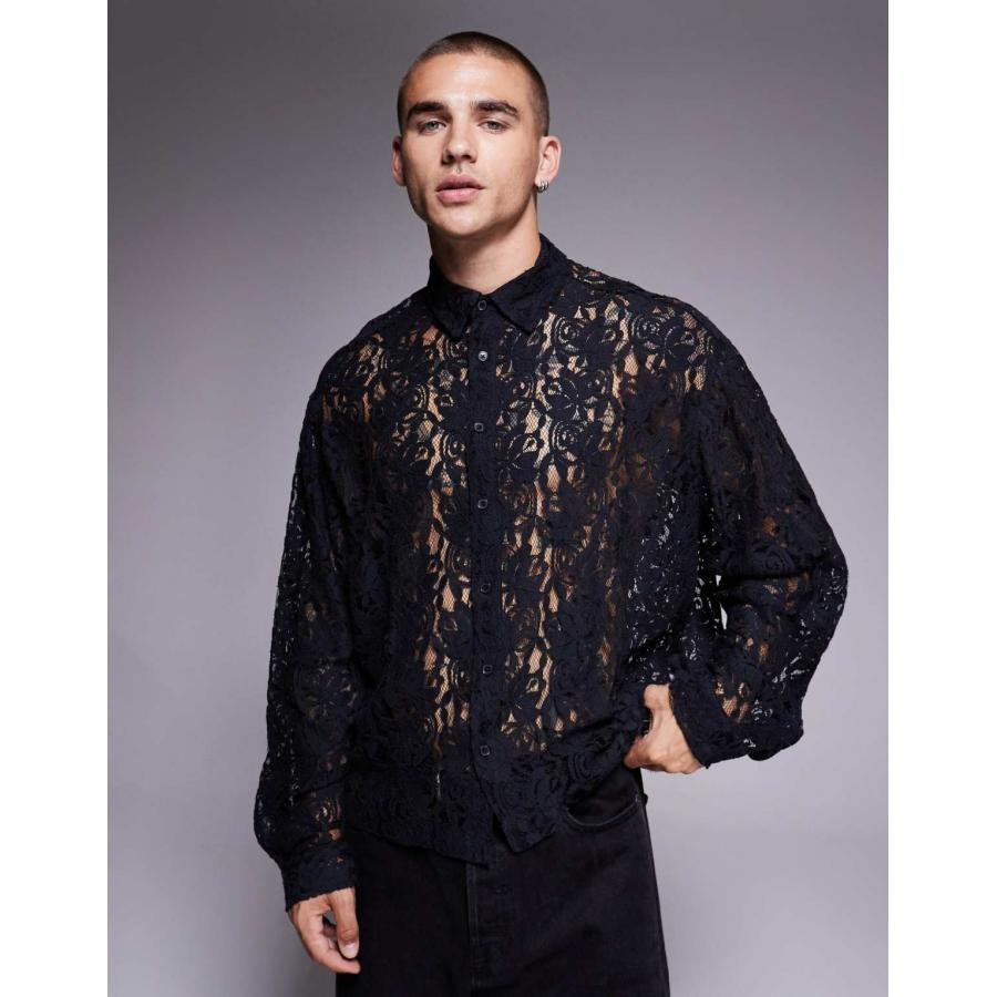 美女当家英国代购秋季新款黑色蕾丝透视设计小众先锋穿搭男士衬衫