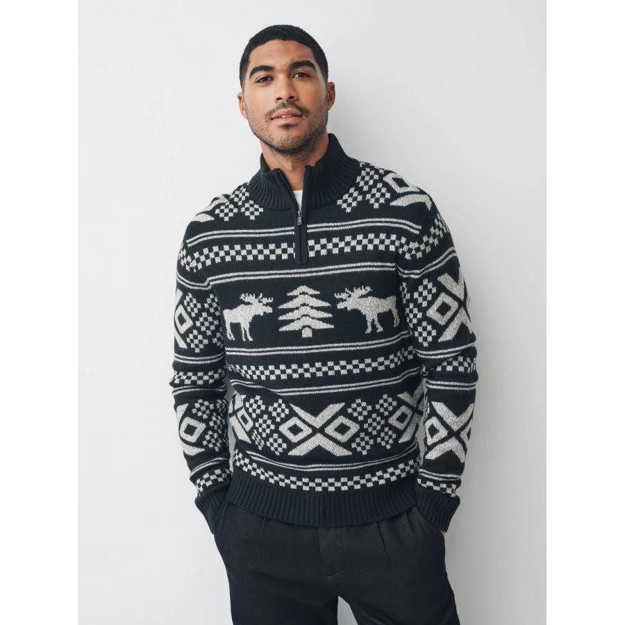 美女当家英国代购2025新款半拉链羊毛混纺时尚大牌圣诞节印花毛衣