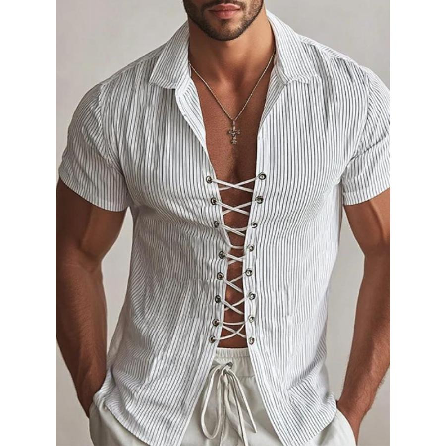 赞美女当家英国代购2025新款夏季条纹系带修身通勤雅痞男短袖衬衣