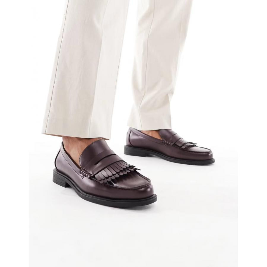 美女当家英国代购秋款酒红色流苏细节复古时髦休闲男款便士乐福鞋