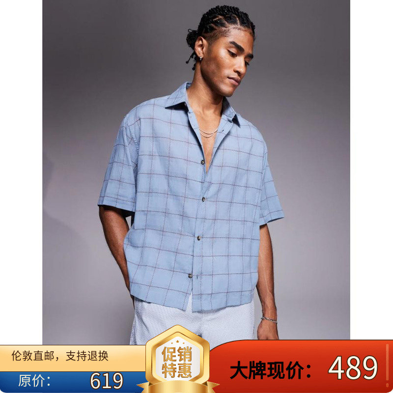 Z美女当家英国代购2025年夏季新款蓝色格子日常慵懒风短袖衬衫男