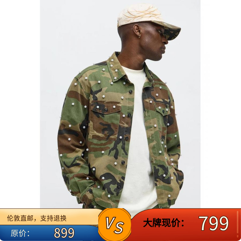 Z美女当家英国代购2025新款时尚休闲珍珠装饰迷彩印花男长袖衬衣