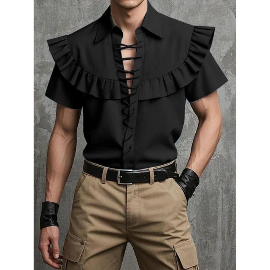 赞美女当家英国代购2025新款木耳边绑带设计感休闲时尚男短袖衬衣