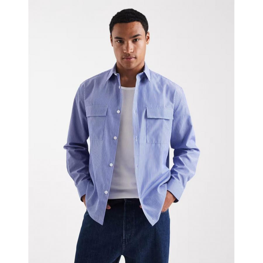 赞美女当家英国代购2025新款时尚通勤条纹复古工装男士长袖衬衣帅