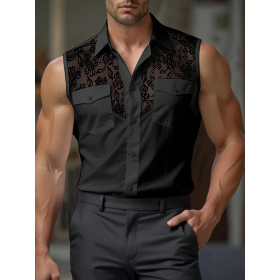 赞美女当家英国代购2025夏季时尚透视拼接无袖复古工装男士衬衣帅