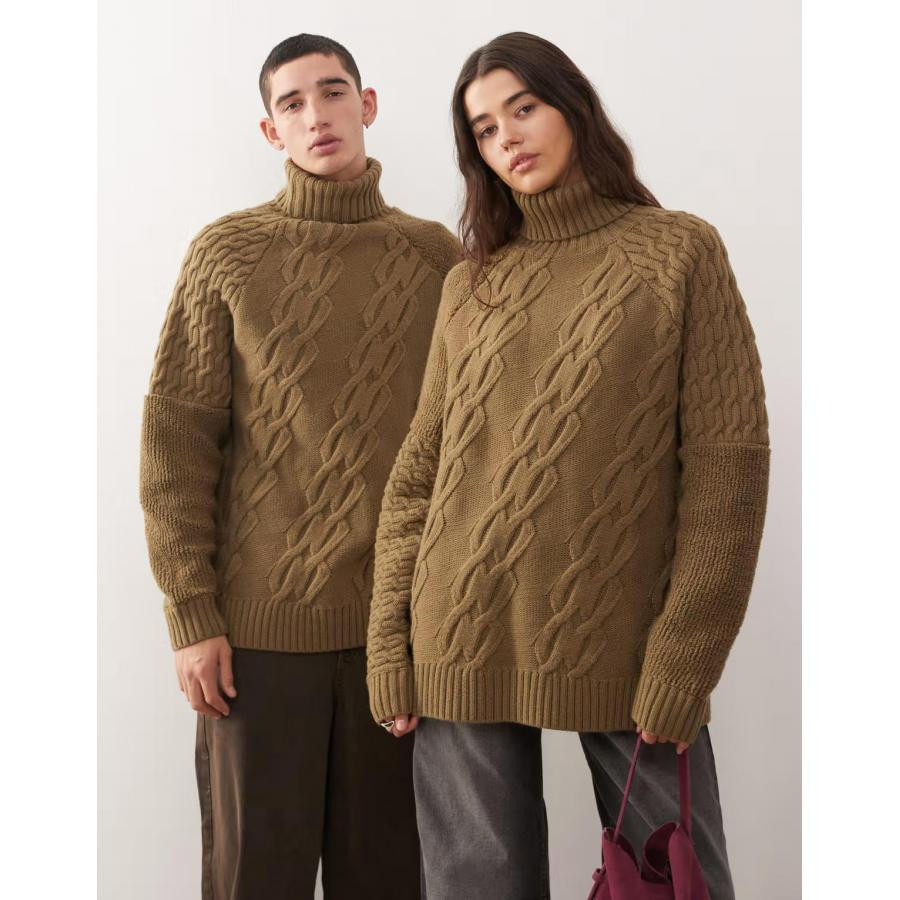 美女当家英国代购秋冬驼色高领麻花绞花复古宽松慵懒风中性针织衫