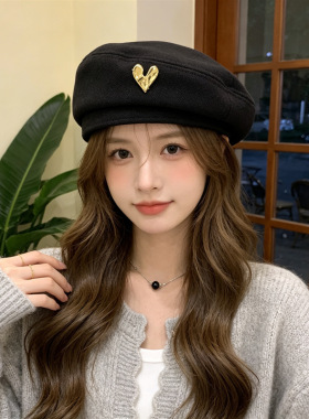 金属桃心贝雷帽子女夏季新款防晒布帽显脸小氛围感时尚百搭画家帽