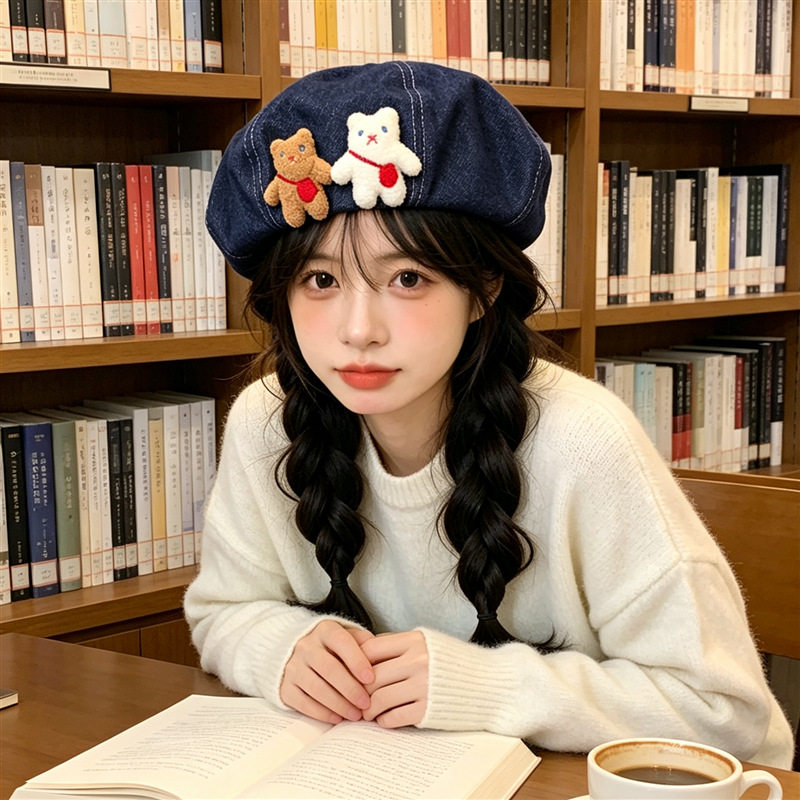 新款卡通牛仔贝雷帽子日系甜美可爱少女网红时尚百搭显脸小画家帽