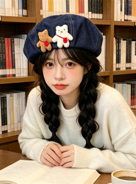 新款卡通牛仔贝雷帽子日系甜美可爱少女网红时尚百搭显脸小画家帽