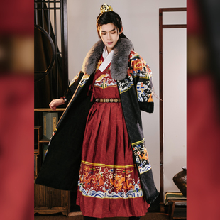 出租汉服明制拽撒襟袍半袖披袄裘衣可拆卸仿貉子毛领冬季男款