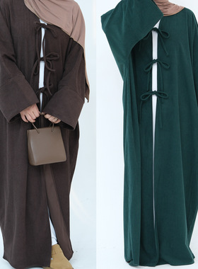 迪拜阿拉伯沙特秋冬民族风甜美系带长袍开衫连衣裙女Arabic Robe
