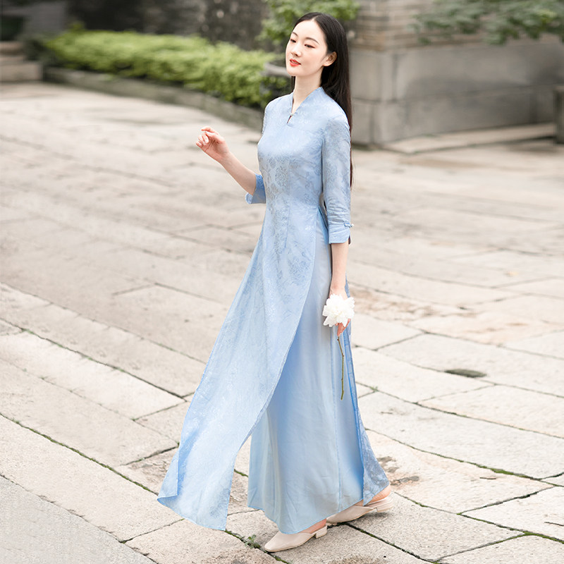 天丝亚麻茶服女仙禅意中式v领复古文艺中国风改良旗袍连衣裙