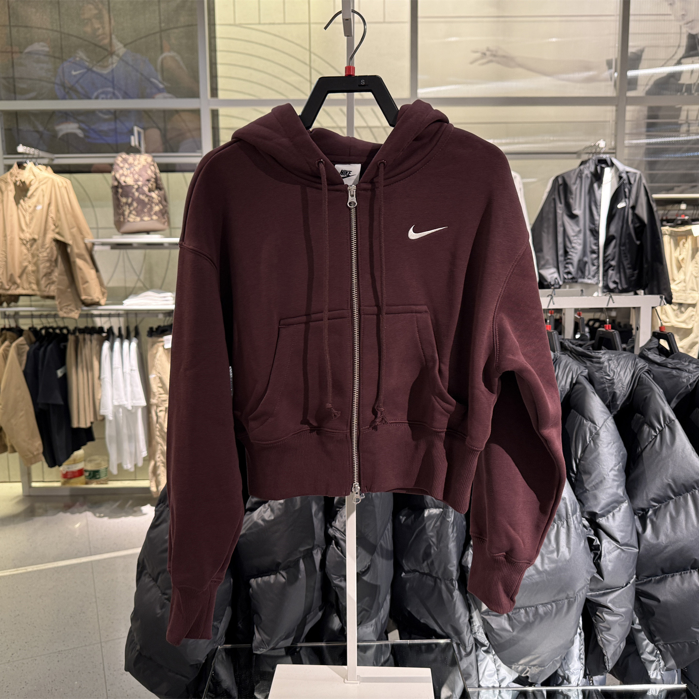 正品NIKE耐克PHOENIX女子宽松短款连帽衫冬季新款加绒卫衣 HV2427