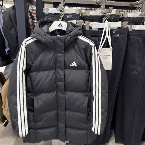 adidas阿迪达斯三条纹中长款鸭绒连帽羽绒服秋冬装女外套KC2486