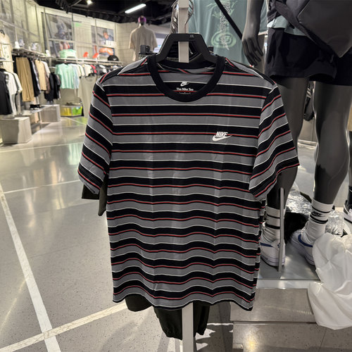 Nike耐克短袖男装2025夏季款条纹刺绣时尚休闲运动T恤 HJ0551-010
