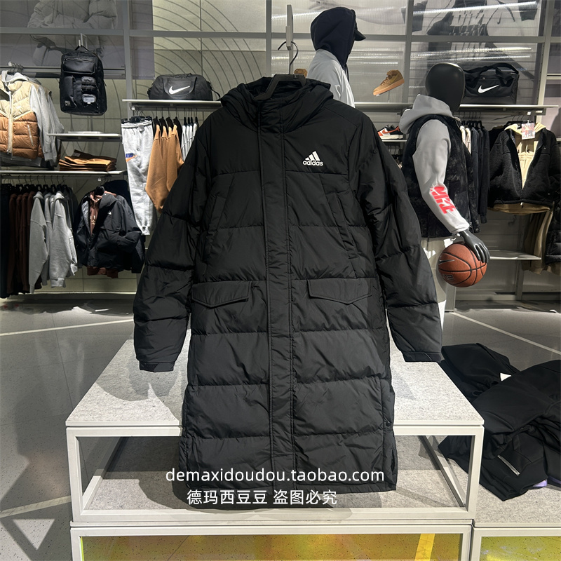 专柜正品adidas阿迪达斯男子休闲运动拉链长款连帽羽绒服 GK0664
