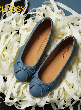 意大利手掌纹小牛皮 乳蓝色 原创法式蝴蝶结芭蕾舞鞋平底单鞋大码