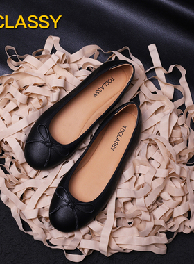 意大利小牛皮 黑色 法式手工芭蕾舞平底鞋 软底小皮鞋 大码女鞋