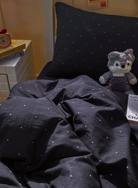 韩系黑色波点皱皱纱床上四件套少女柔软云感被套床单人宿舍三件套