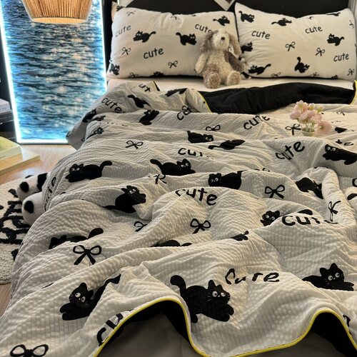 卡通可爱猫咪泡泡纱单双人夏凉被