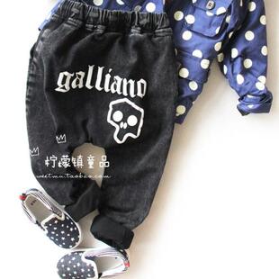 欧美潮款骷髅头印花男童出面黑灰色小众夹层牛仔裤男童大屁屁裤子