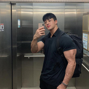 欧美肌肉男小V领POLO衫夏季运动翻领短袖男 健身紧身衣跑步训练服