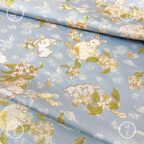 新中式蓝桂花织金宋锦汉服面料
