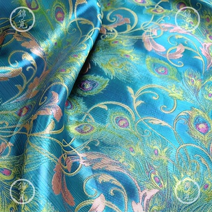 孔雀羽毛纹汉服面料唐装礼服旗袍布料提花面料连衣裙半裙上衣外套