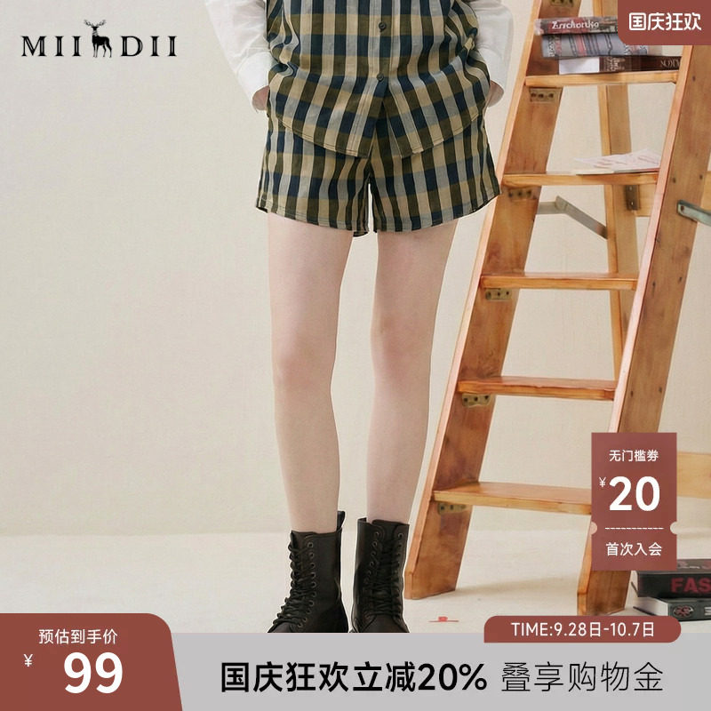 谜底格纹短裤女2025夏新款复古文艺百搭松紧腰宽松裤子256MK6271图片