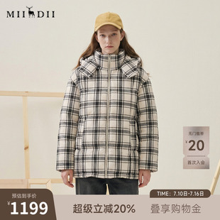 谜底连帽格子羽绒服女2025冬款复古宽松加厚鸭绒面包服257MY8802