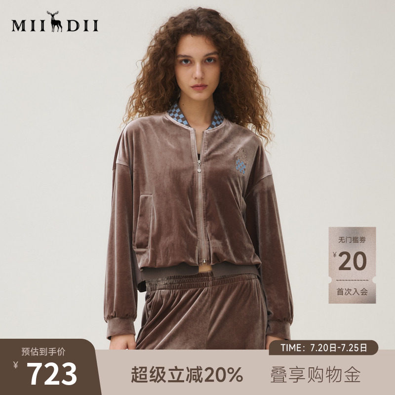 谜底短外套长袖女2025秋新品休闲棋盘格衣领丝绒棒球服253MW1106