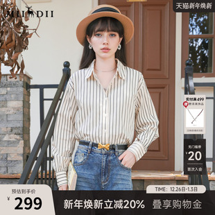 通勤复古纯棉修身 女2025秋新款 衬衣257MC7856 长袖 谜底竖条纹衬衫