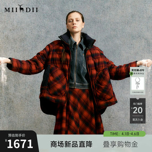 谜底两面穿羽绒服2025冬季 红黑格子牛仔拼接保暖女254MY1618 新品