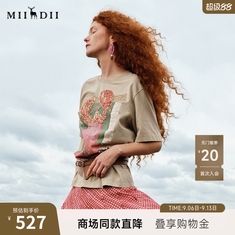 谜底印花T恤短袖2026年夏季新品龙虾章仔复古宽松包容女262MT0661图片