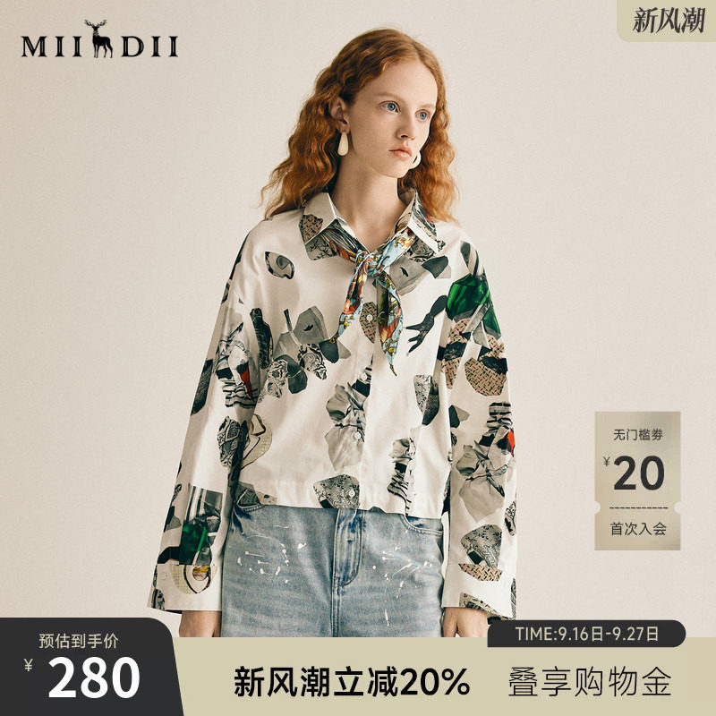 谜底印花衬衫长袖女2025春季复古波嬉风花色纯棉短衬衣255MC6026										
