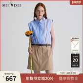 谜底假两件连衣裙无袖 女2025夏款 通勤凉蓝条纹刺绣短裙252ML0567