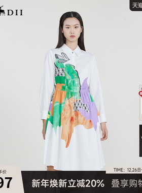 谜底纯棉连衣裙春季新款主题印花收腰显瘦中长裙231ML0119